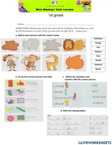 INGLES - 1ST GRADE Cuestionario Mayo 2021