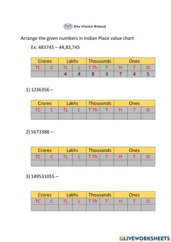 Place value Worksheet