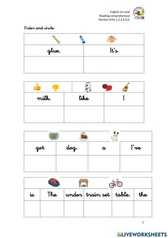 Order and circle-revision 1st year-school objects, body, clothes, toys, pets, food