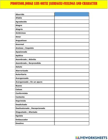 Feelings and character vocabulary