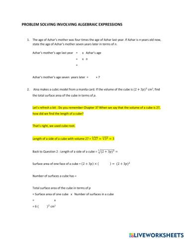 Problem Solving for Algebraic Expressions