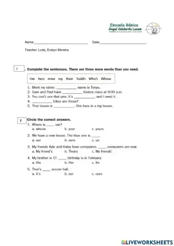 Possessive  and ajectives prouns review