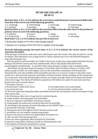 ĐỀ THI VÀO 10 - 15