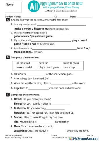 Kid 6 OSW Vocabulary Homework Unit 10
