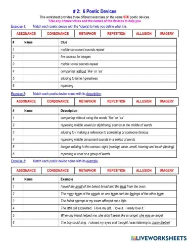 Six Poetic Devices (imagery, allusion, metaphor, consonance, assonance, repetition)
