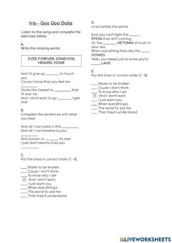 Iris - Goo Goo Dolls SONG ACTIVITY