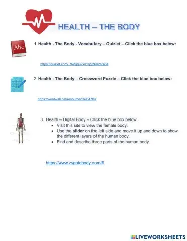 The Body  - Crossword and Quizlet Vocabulary