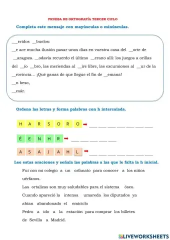 Prueba de ortografía tercer ciclo