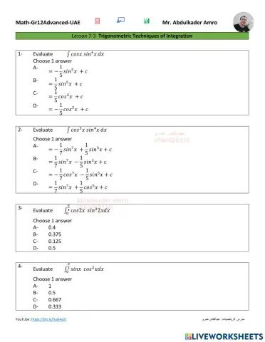 Lesson 7-3  Trigonometric Techniques of Integration