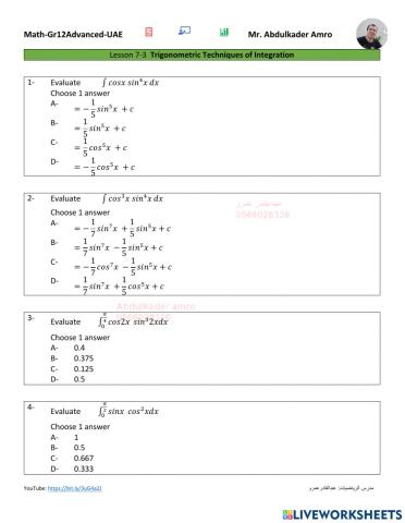 Lesson 7-3  Trigonometric Techniques of Integration