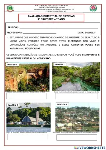 Avaliação Bimestral de Ciências 2ª Ano