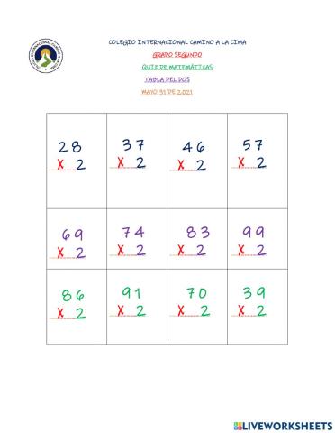 Quiz tabla del dos de dos cifras