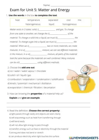 Natural Science, Unit 5: MATTER AND ENERGY, exam (part 1)