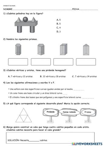 Evaluación de la unidad 12 de matemáticas