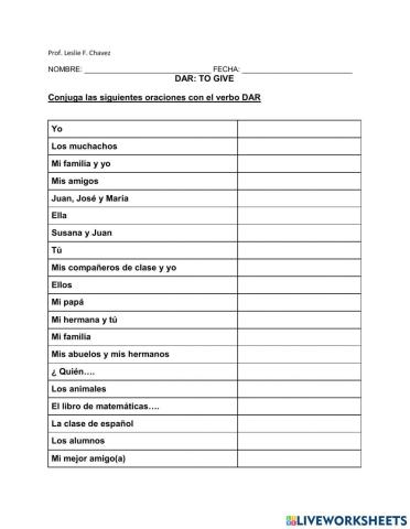 Dar to give worksheet
