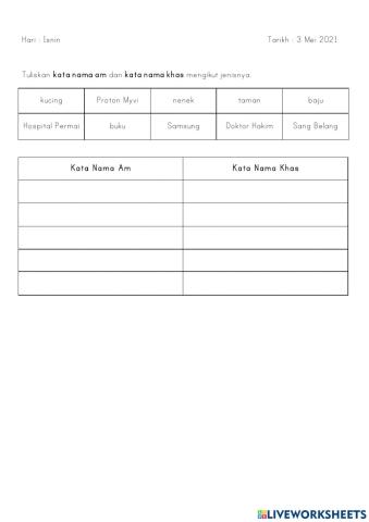 Kata Nama Am dan Kata Nama Khas Tahun 1