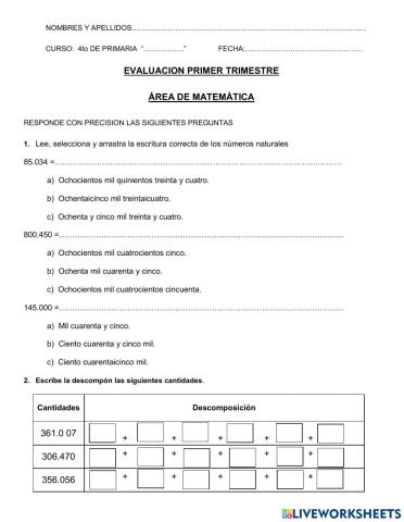 Evaluación de matemática