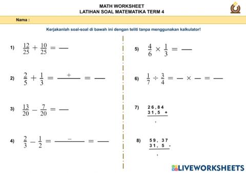 Latihan Soal Operasi Hitung Pecahan dan Desimal (Edmar dan Kenny)