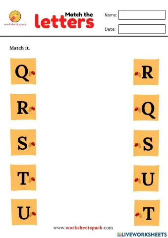 Alphabet matching worksheets - uppercase letters (Q to U)