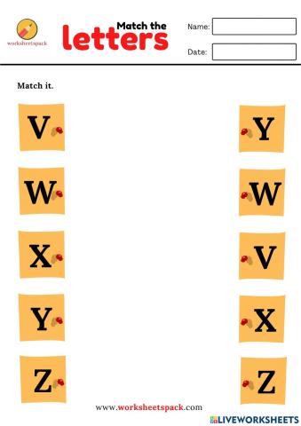 Alphabet matching worksheets - uppercase letters (V to Z)