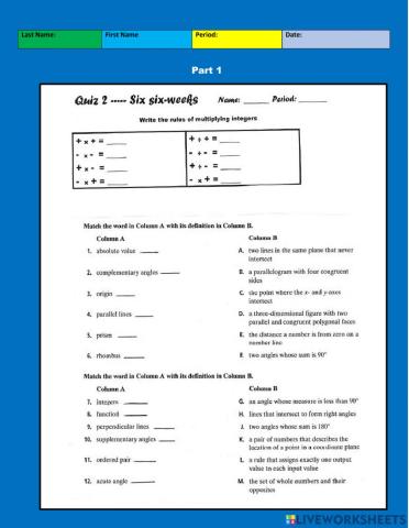 Math Vocabulary Matching I