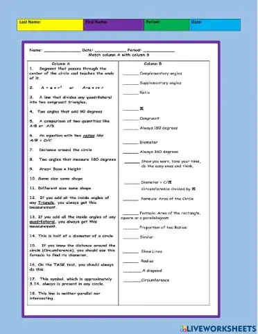 Math Vocabulary Matching 2
