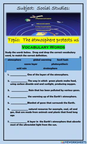 The atmosphere protects us:  Vocabulary