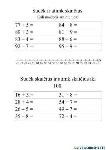 Sudėtis ir atimtis iki 100