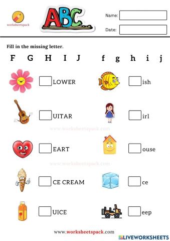 Fill in the missing letter worksheets F to J