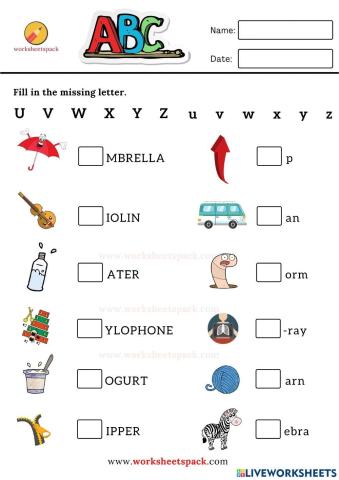 Fill in the missing letter worksheets U to Z
