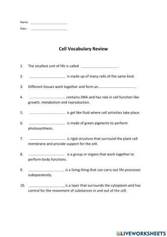 Cell Vocabulary Review