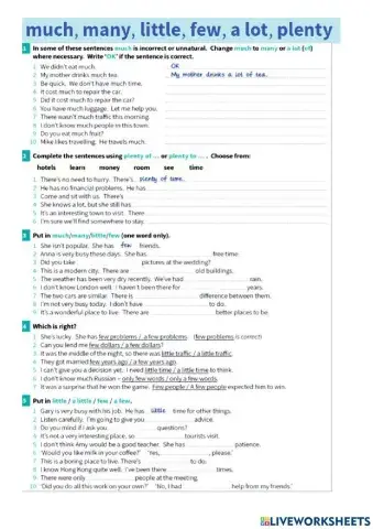 (a) little,(a) few, much, many, a lot, plenty