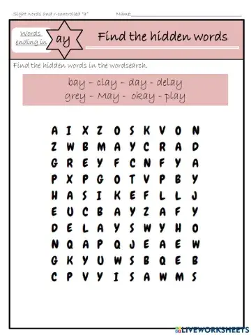 Word family -ay find the hidden words