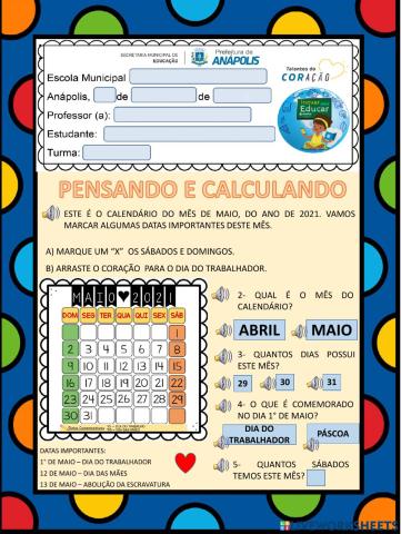 Calendário, ordem numérica e quantidade