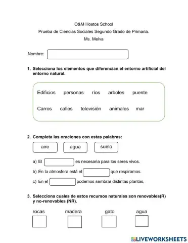 Prueba de Sociales 2do grado de Primaria