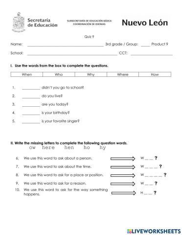 May Questionnaire  3 grade