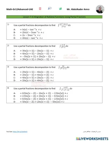 Lesson 7-4 Integration of Rational Functions Using Partial Fractions