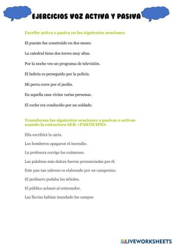 Ejercicios voz activa y pasiva