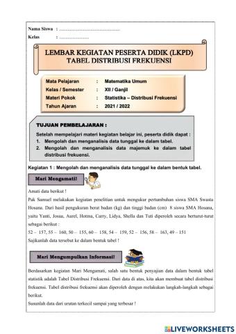 Penyajian Tabel Distribusi Frekuensi