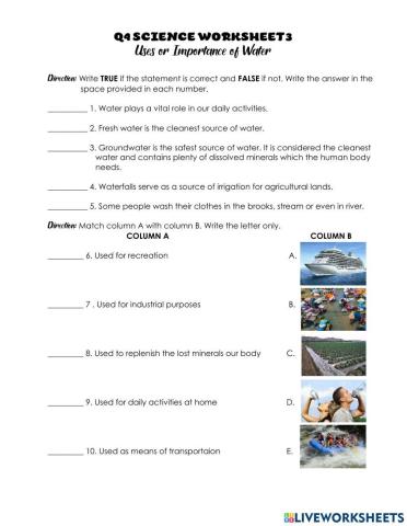 Q4 Scie Worksheet 3 Uses or  Importance of Water
