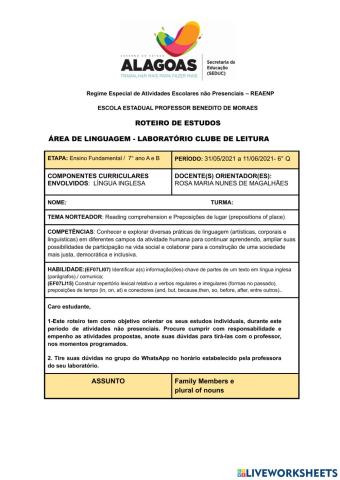 Roteiro 7° ano - 6 quinzena