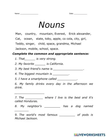 Worksheets of nouns