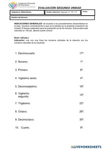 Evaluación Final 2da. Unidad Matemáticas 