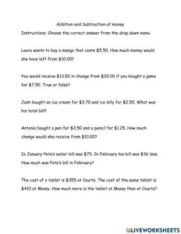 Adding and Subtracting Money Problems