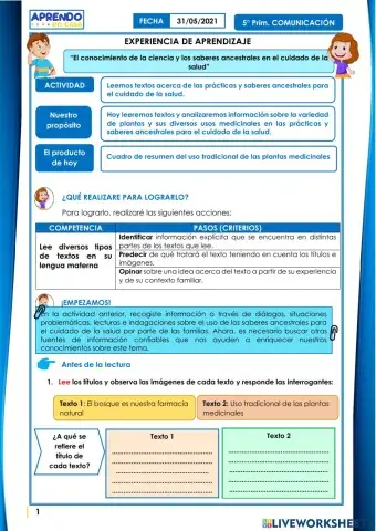 Leemos textos acerca de las prácticas y saberes ancestrales para  el cuidado de la salud.