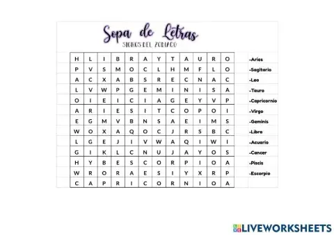 Sopa de Letras de signos del Zodiaco