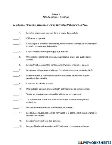 Thème 5: L'ADN, la mitose et la méiose