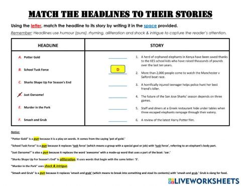 Match the Headlines to their Story