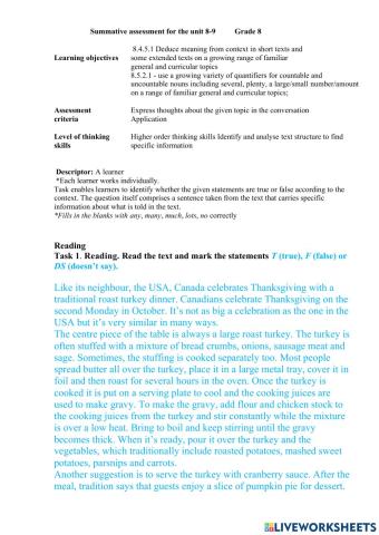 Summative Assessment tasks for the unit 8-9