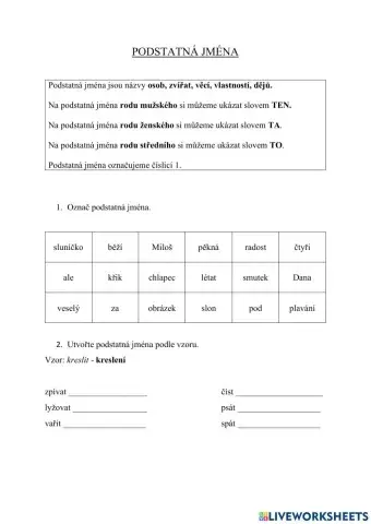 Pracovní list - podstatná jména